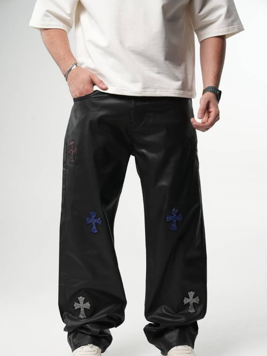 Pantalon ample en cuir avec patch croisé