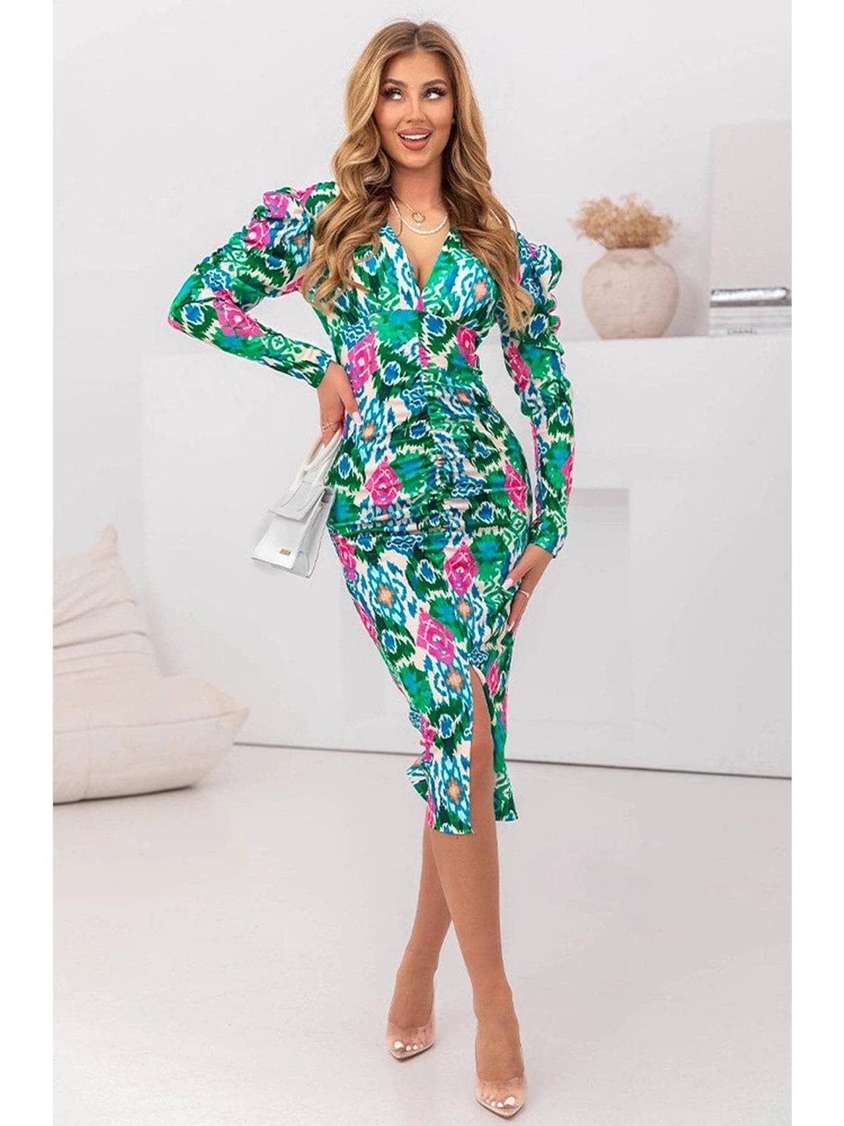 Robe mi-longue moulante à fronces avec imprimé abstrait Lucy