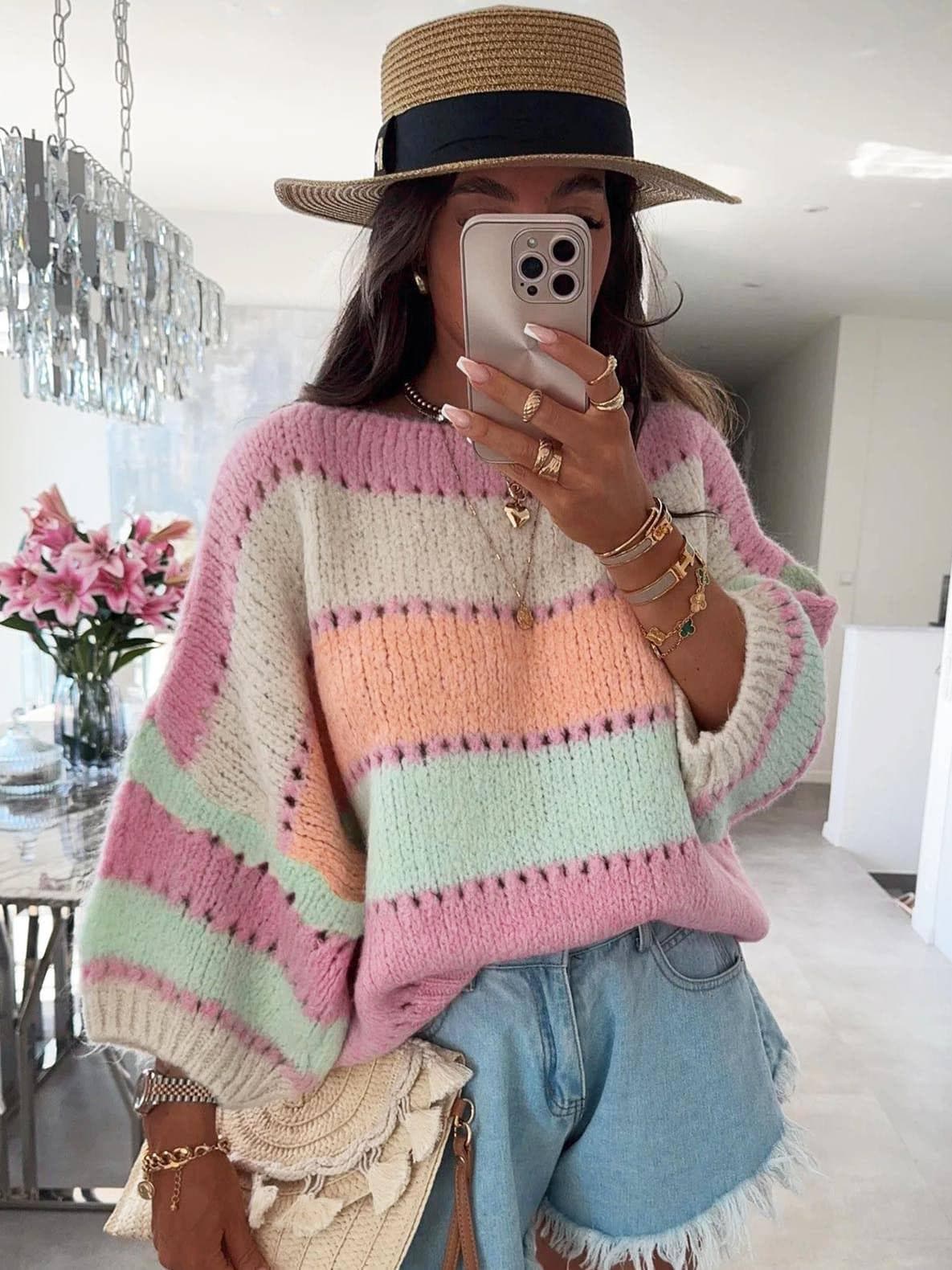 Pull en maille léger à contraste de blocs Yanika - Rose