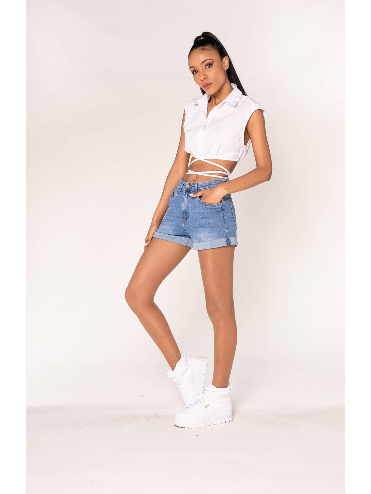 Short denim jean taille haute stretch