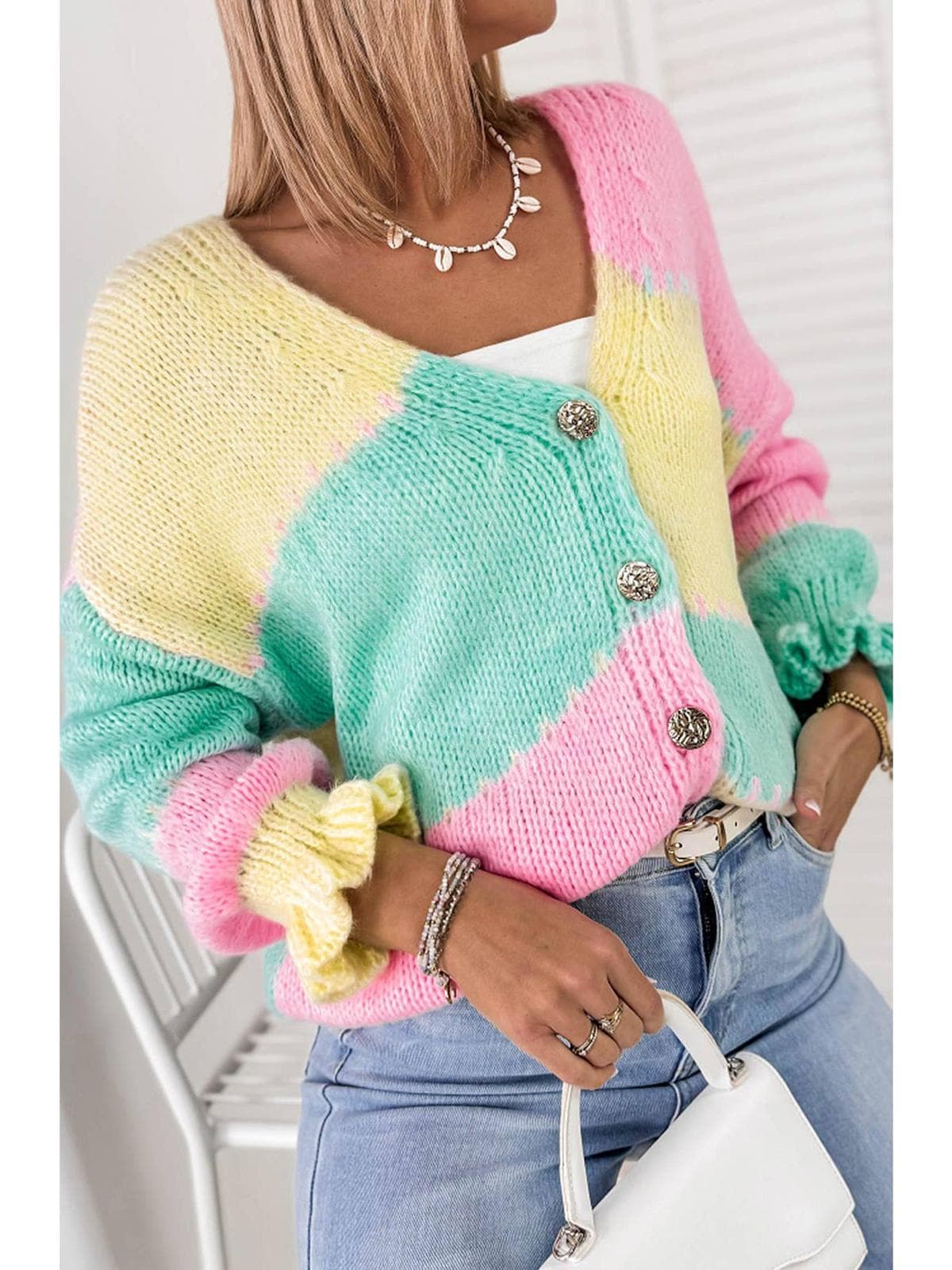 Cardigan en maille à blocs de couleur Lydia - Jaune