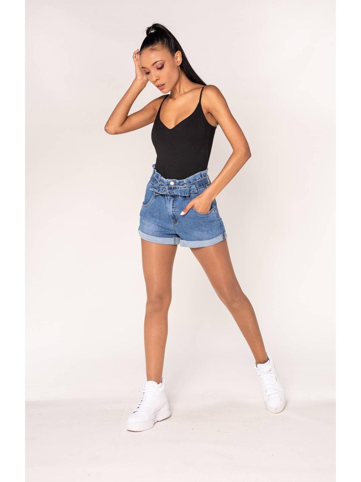 Short en jean Nina Carter style paperbag + ceinture