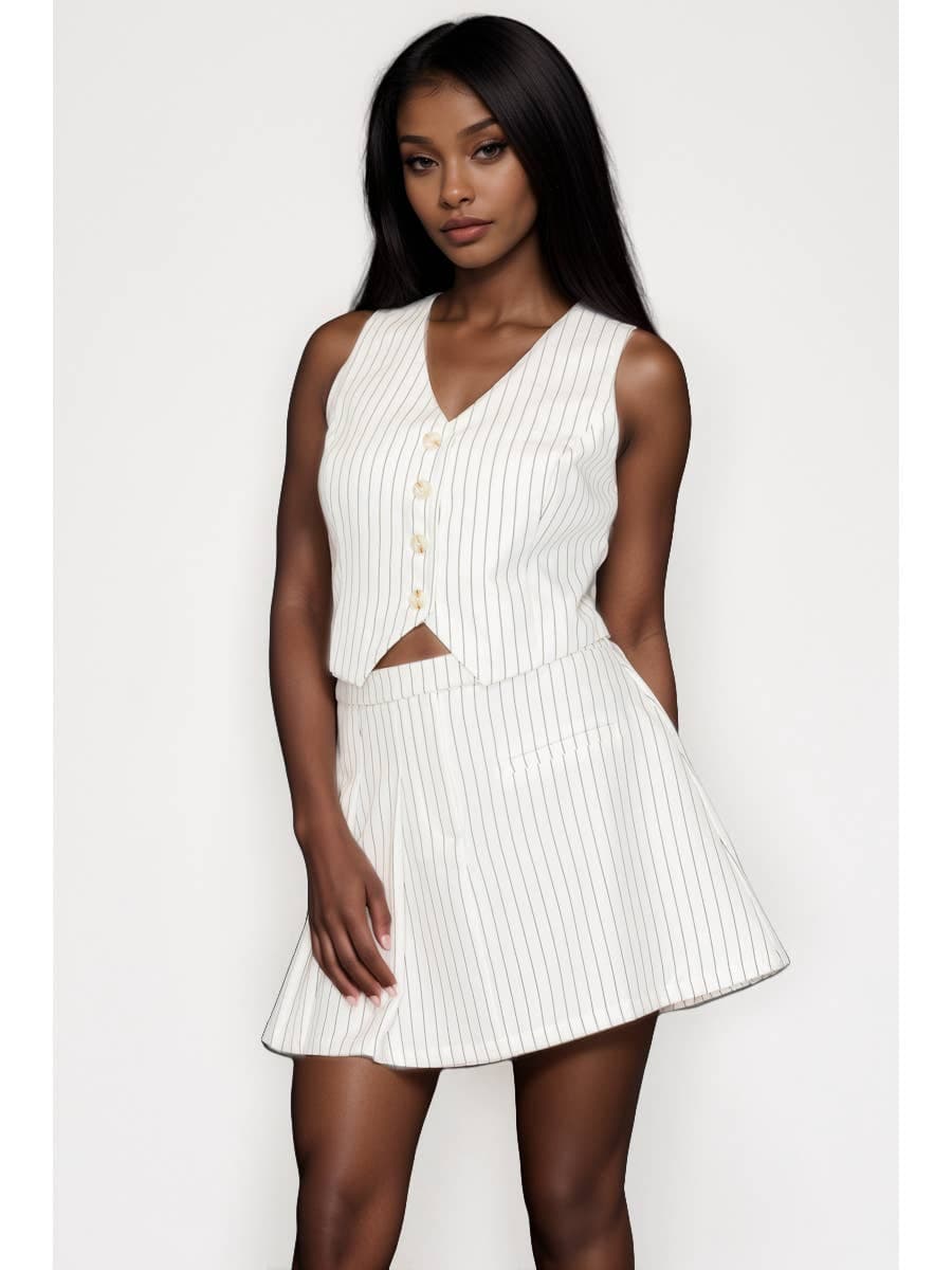 ENSEMBLE GILET À COL EN V À RAYURES ET JUPE PLISSÉE MINI