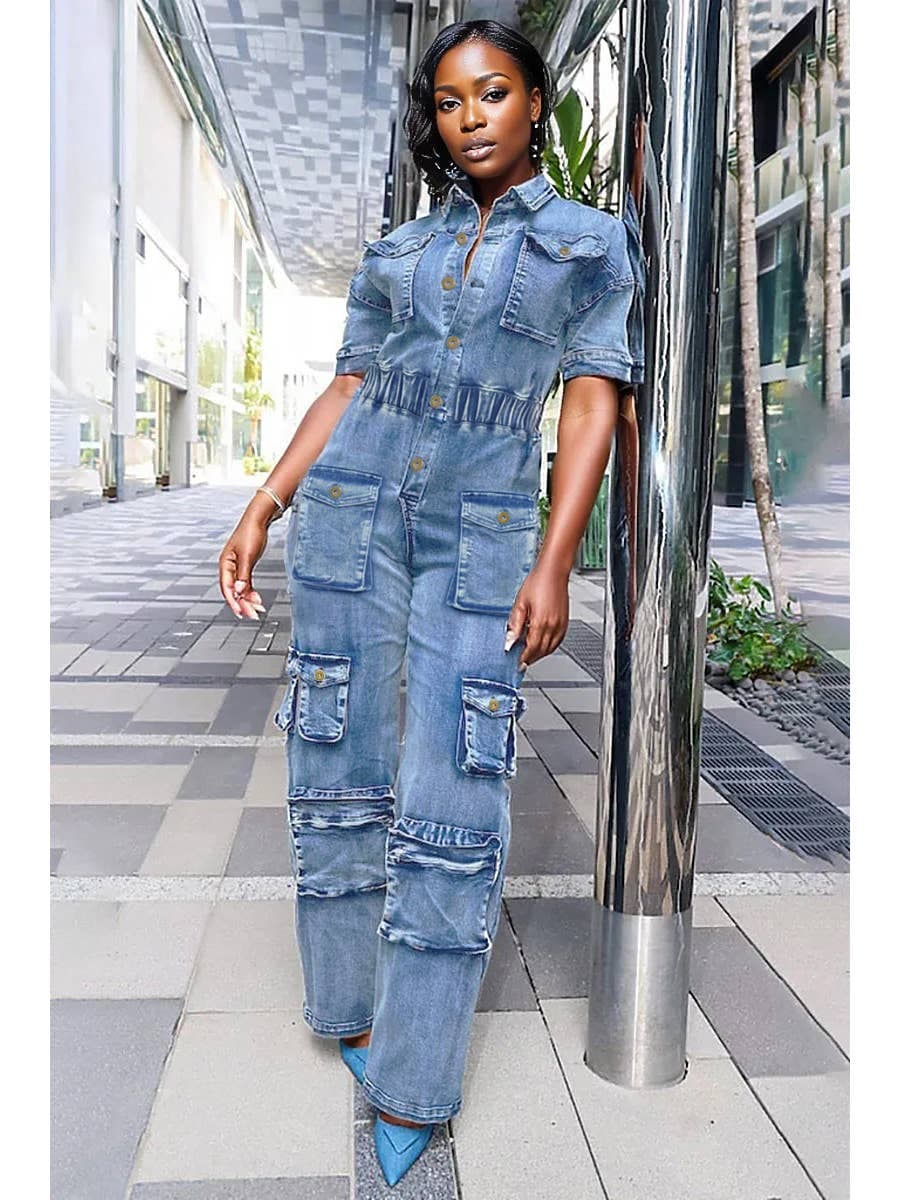 COMBINAISONS CARGO BOUTONNÉES EN JEAN DÉLAVÉ