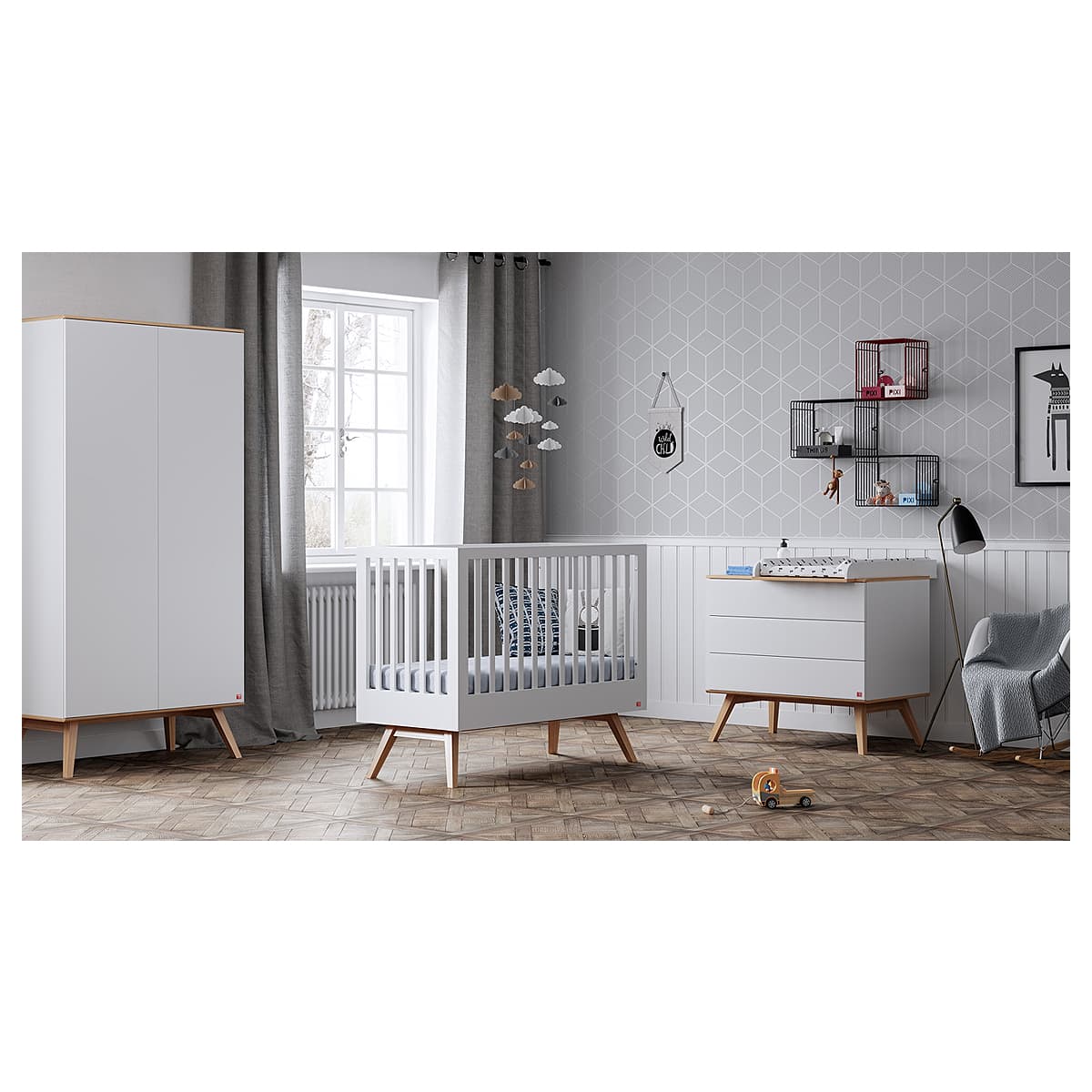 Chambre complète lit bébé - commode à langer - armoire Vox Nature Blanc