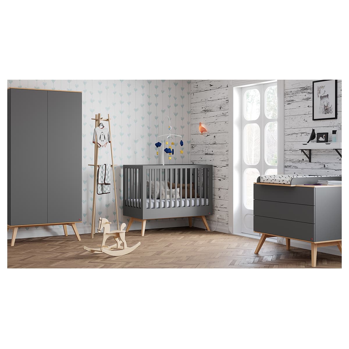 Chambre complète lit bébé - commode à langer - armoire Vox Nature Gris