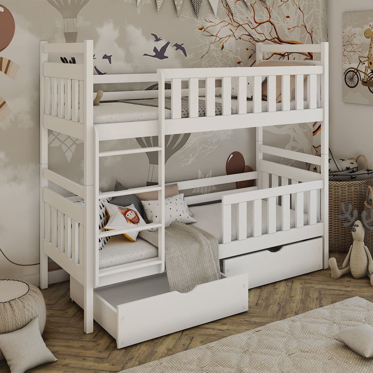 Lit superposé 90x200 sommier et tiroirs inclus Damien Blanc