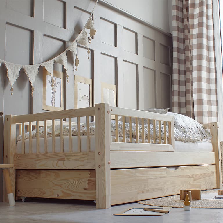 Lit 90x190 barrière sommier et tiroir inclus Adèle Bois