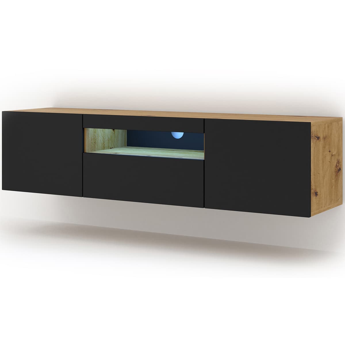 Meuble TV mural 3 portes 150 cm LED Aurus Noir et Bois