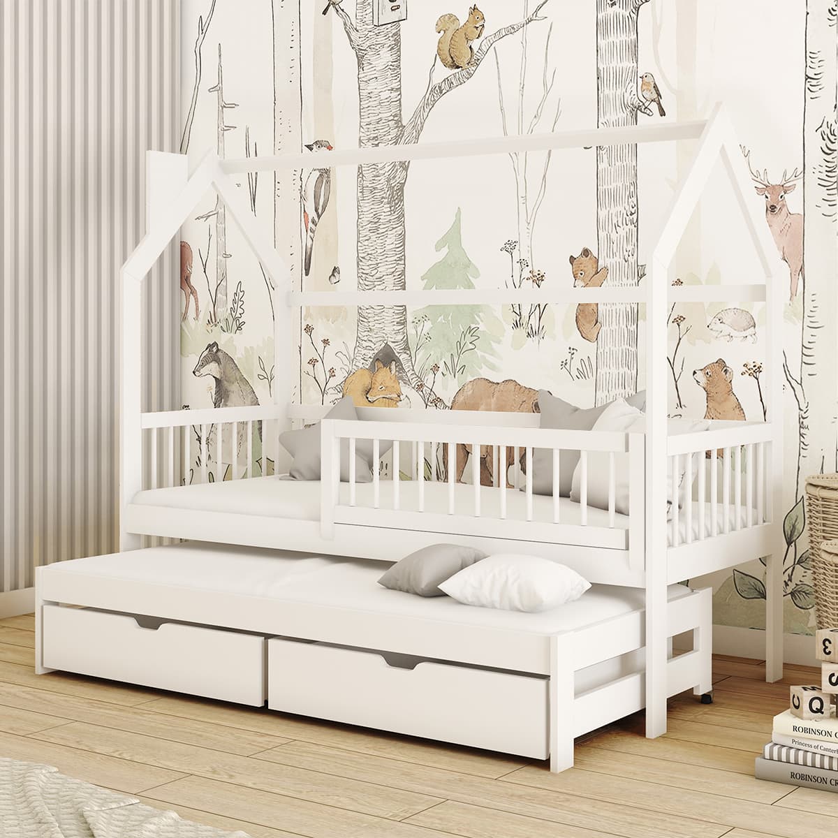 Lit cabane 90x200 sommiers lit gigogne et tiroirs Lino Blanc