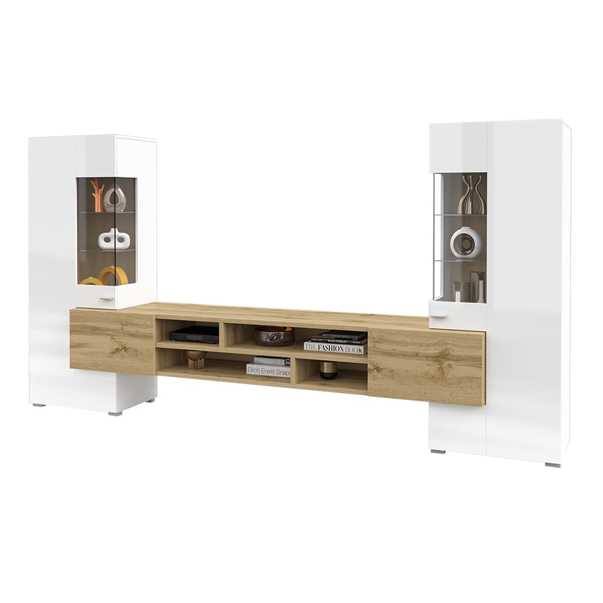 Ensemble meuble TV et 2 armoires Akram Blanc et Bois