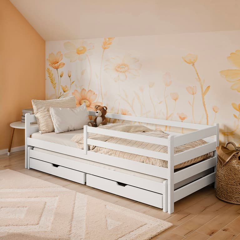 Lit 90x200 sommier lit gigogne et tiroirs inclus Abi Blanc