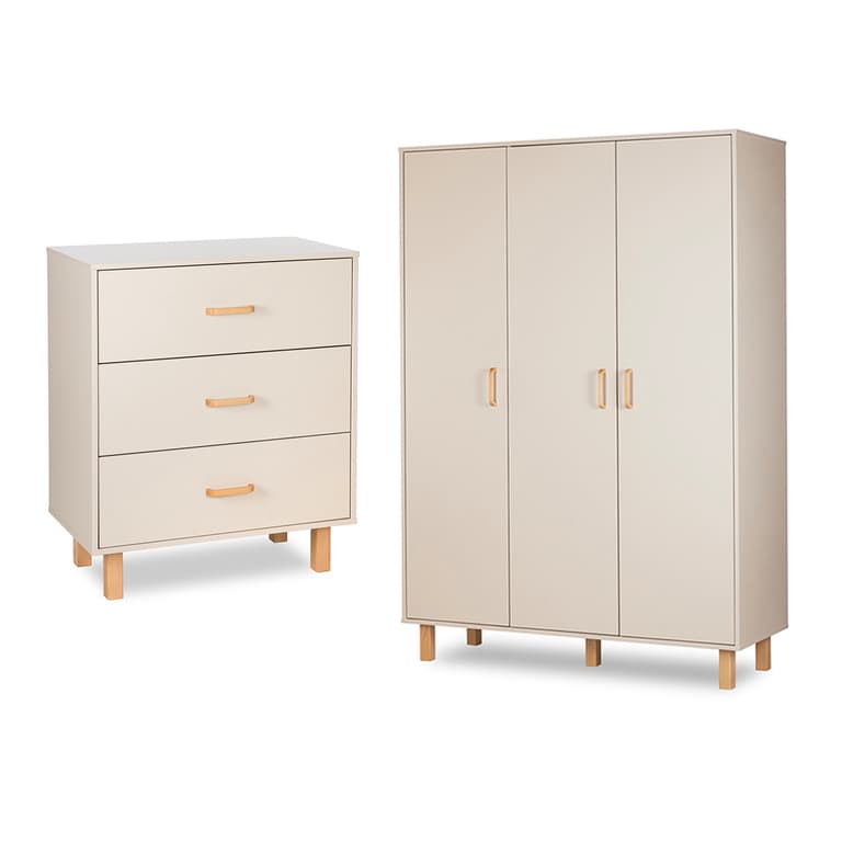 Commode 3 tiroirs et armoire 3 portes Littlesky by Klups Laura Champagne et Bois