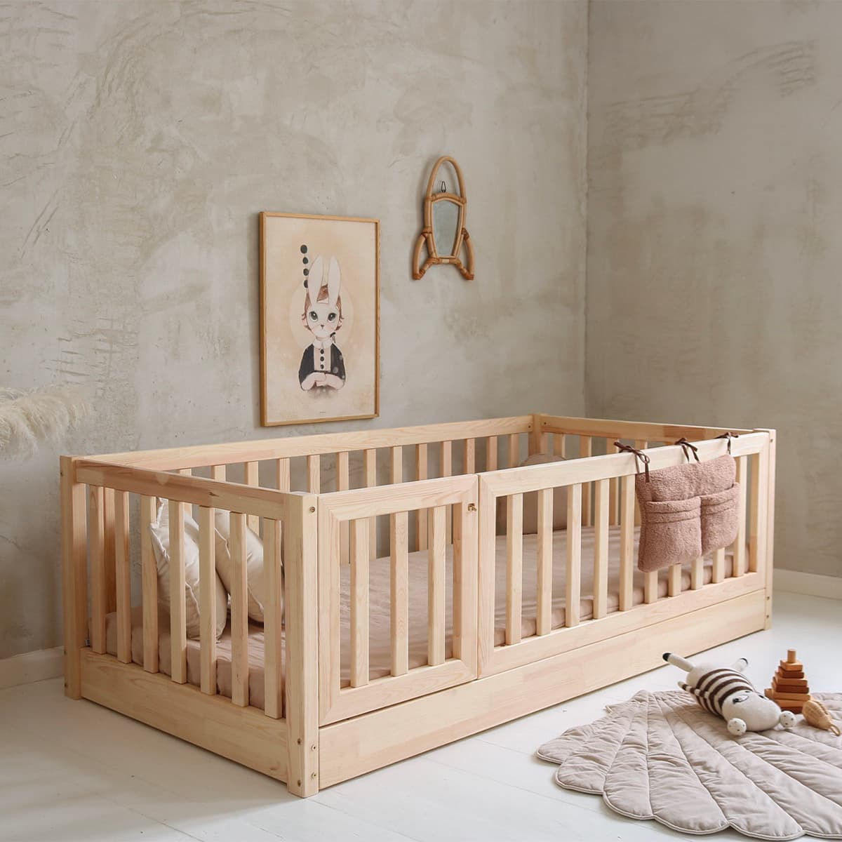 Lit au sol 120x200 entrée gauche barrière et sommier inclus Bambino Bois