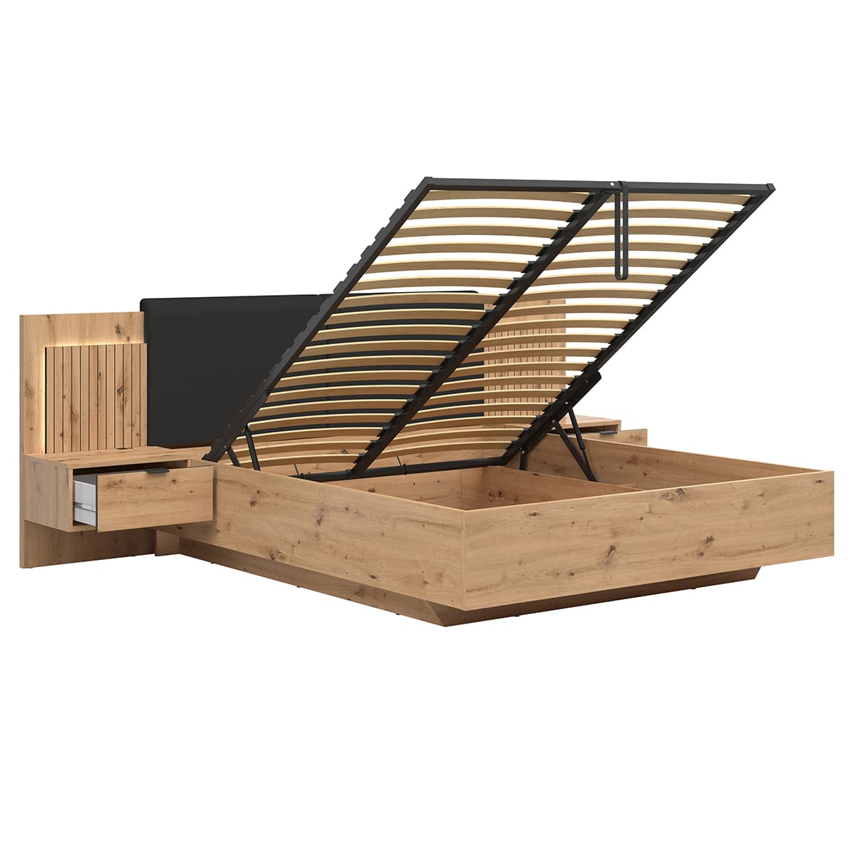 Lit coffre 160x200 sommier chevets LED et prises USB inclus Mao Bois