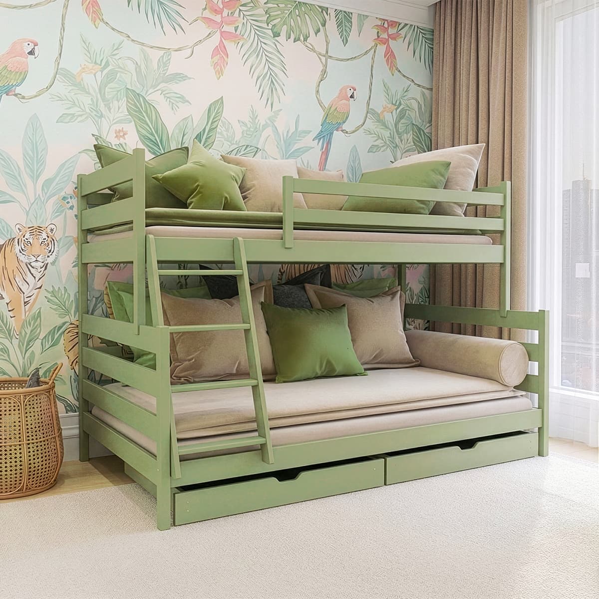 Lit superposé 90-120x200 sommiers et tiroirs inclus Léo Olive