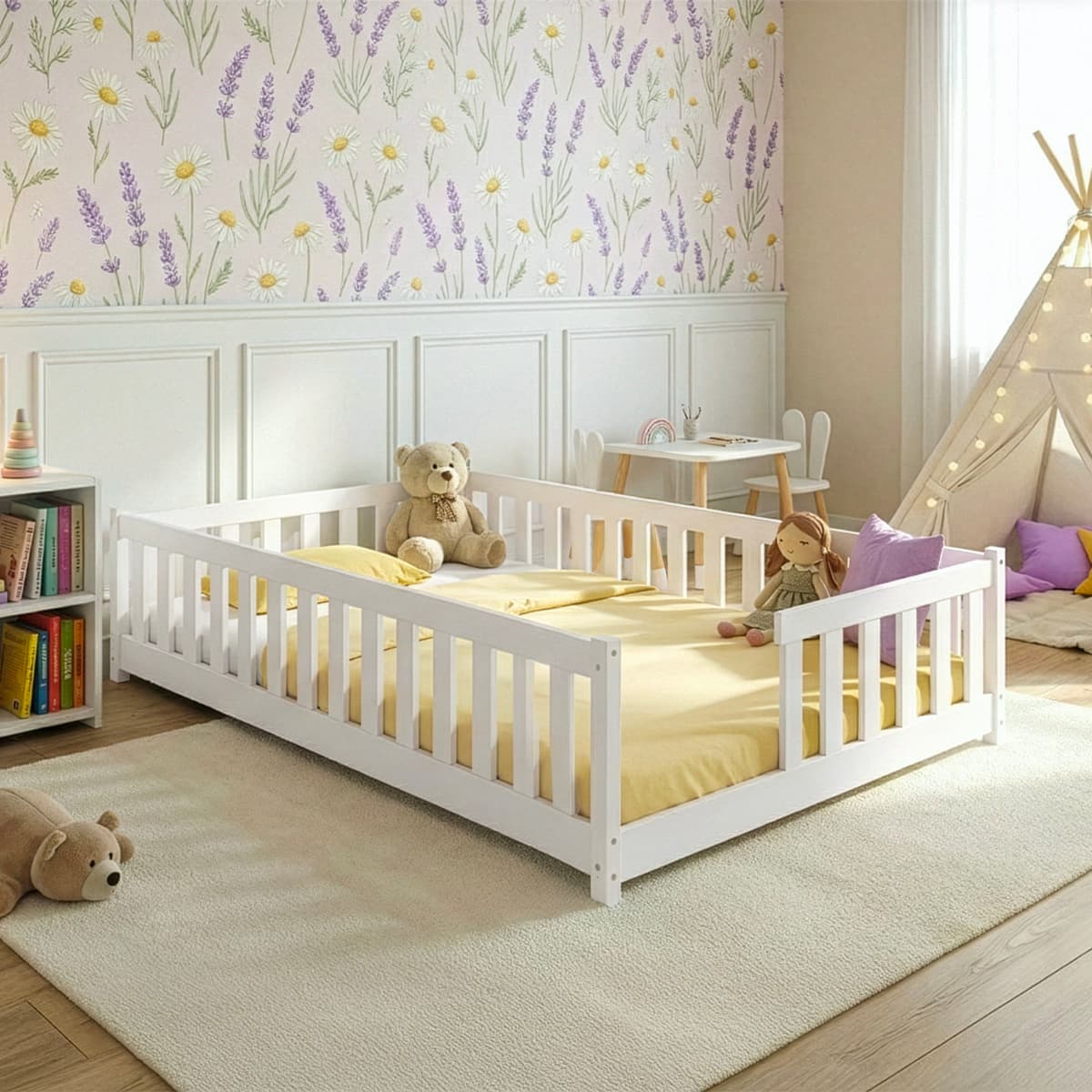 Lit au sol 120x200 sommier inclus Théa Blanc