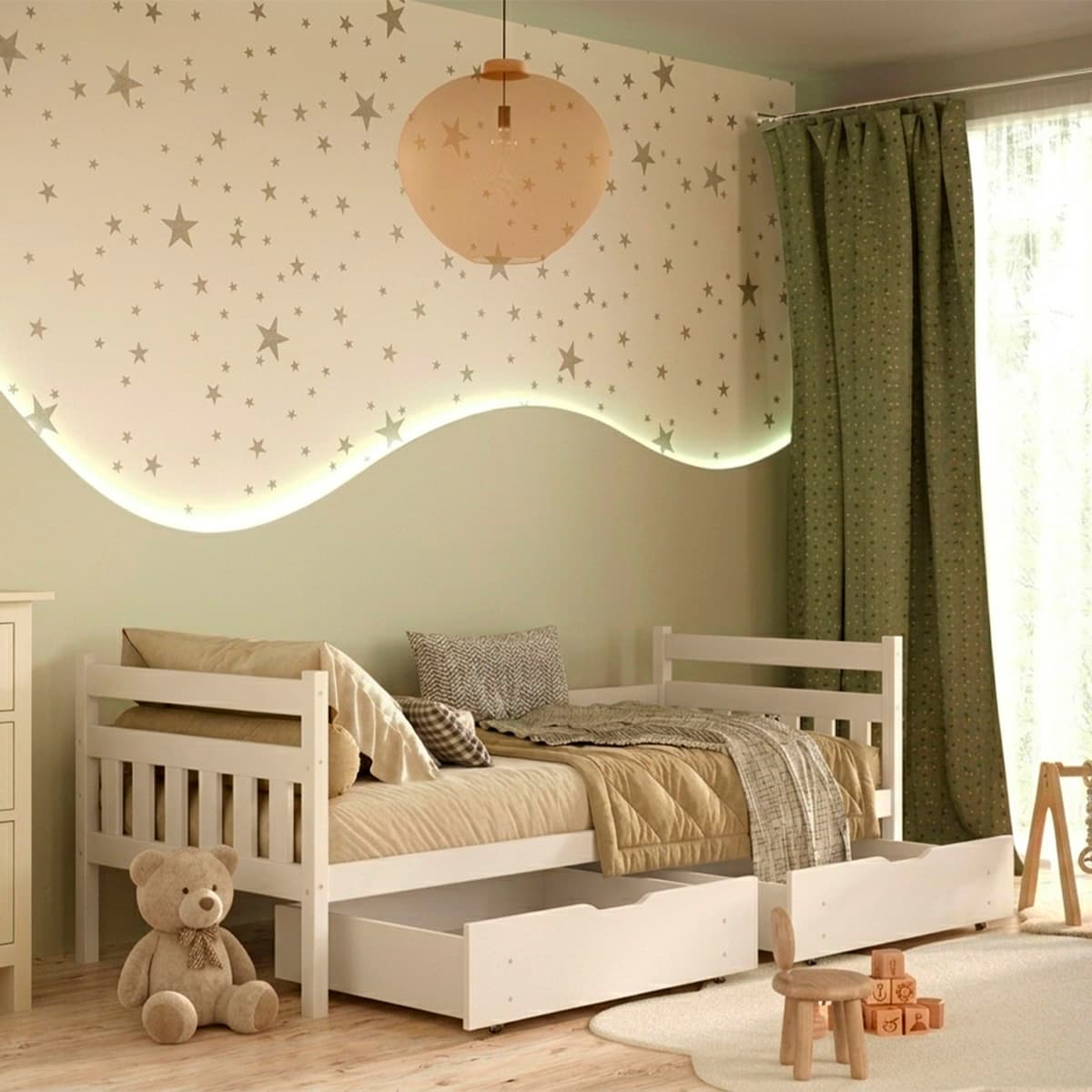 Lit 90x200 sommier et tiroirs inclus David Blanc