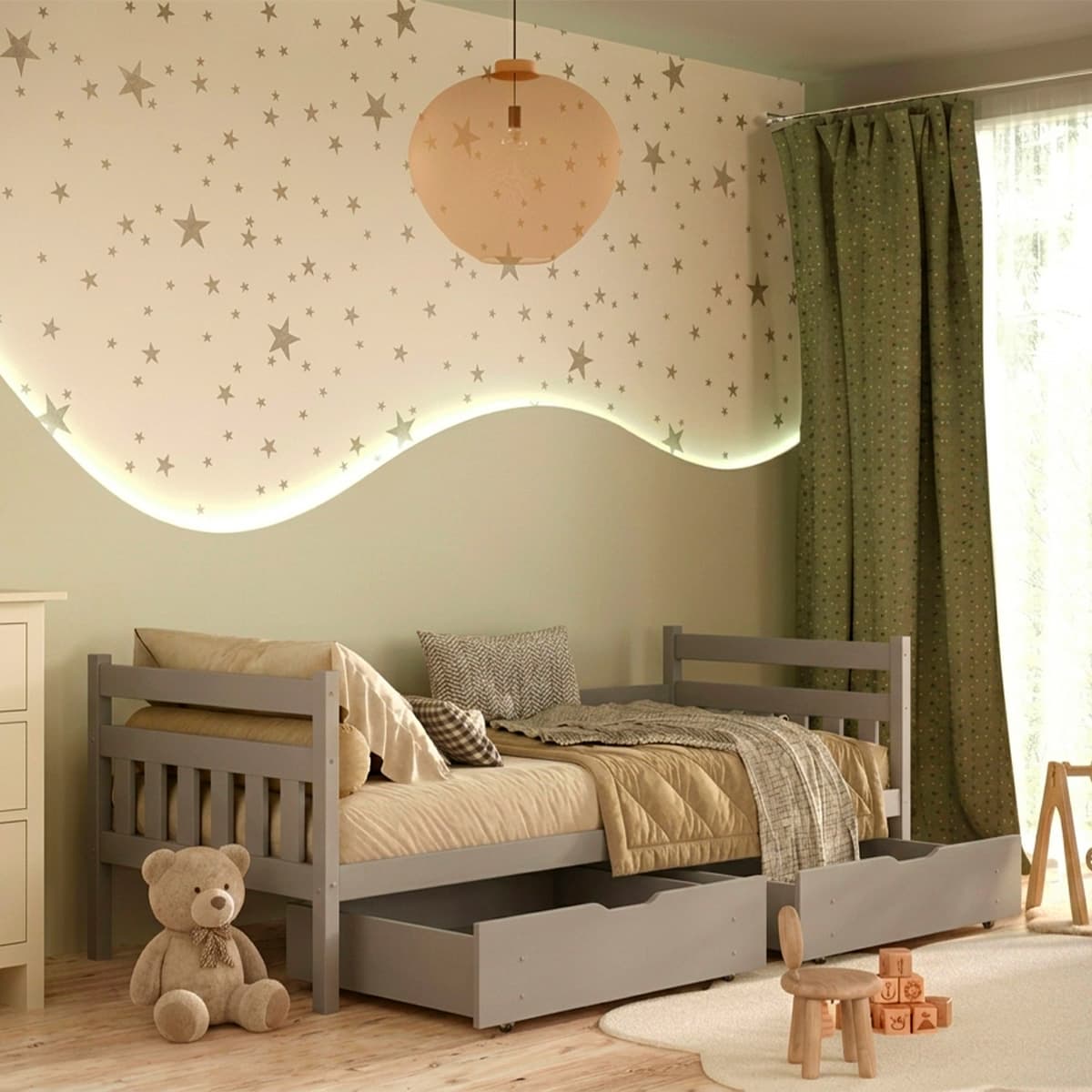 Lit 90x200 sommier et tiroirs inclus David Gris