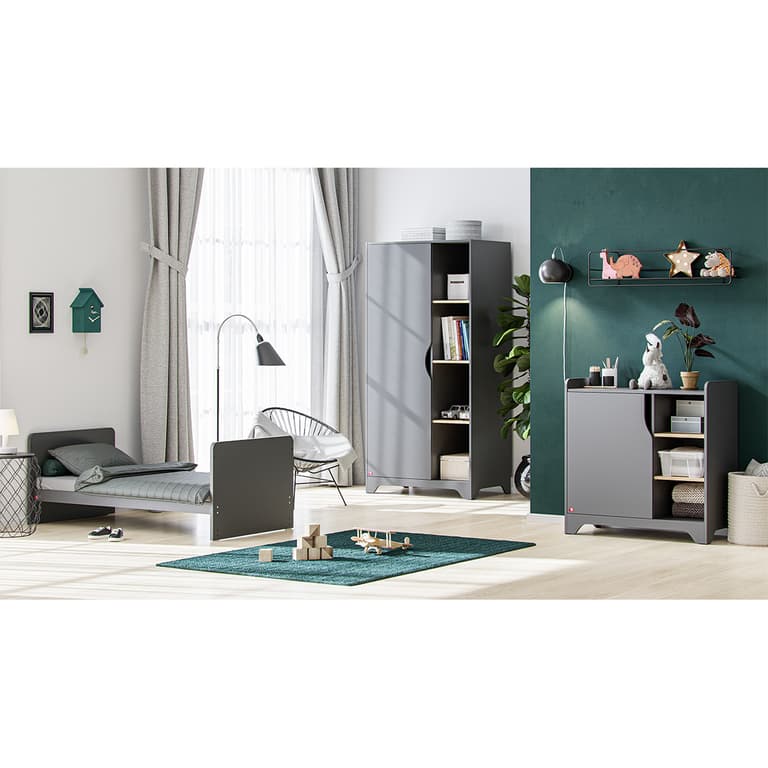Chambre complète lit bébé évolutif - commode à langer - armoire 1 porte Vox Leaf Gris et bois