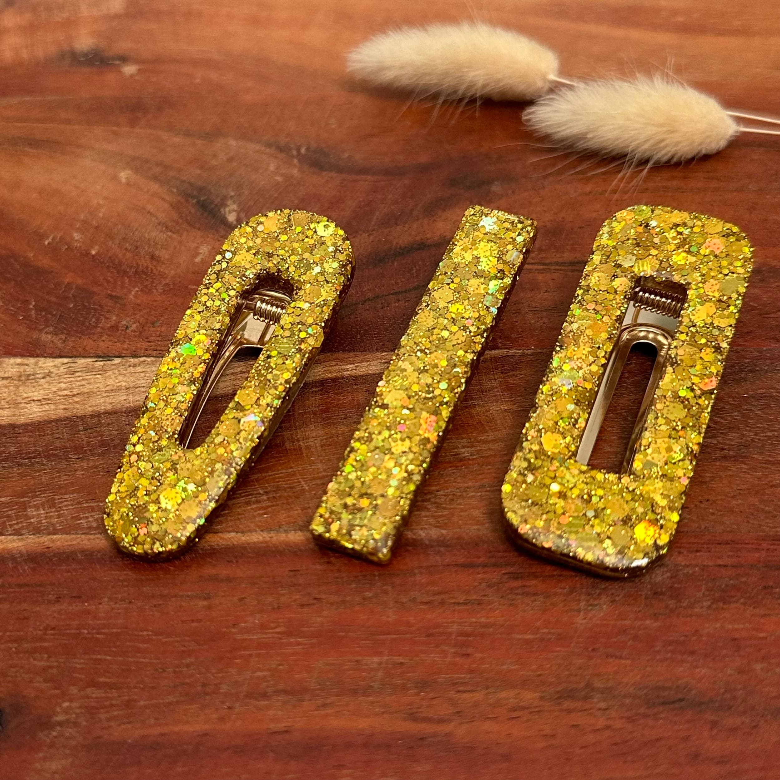 barrette résine paillette or (gold)