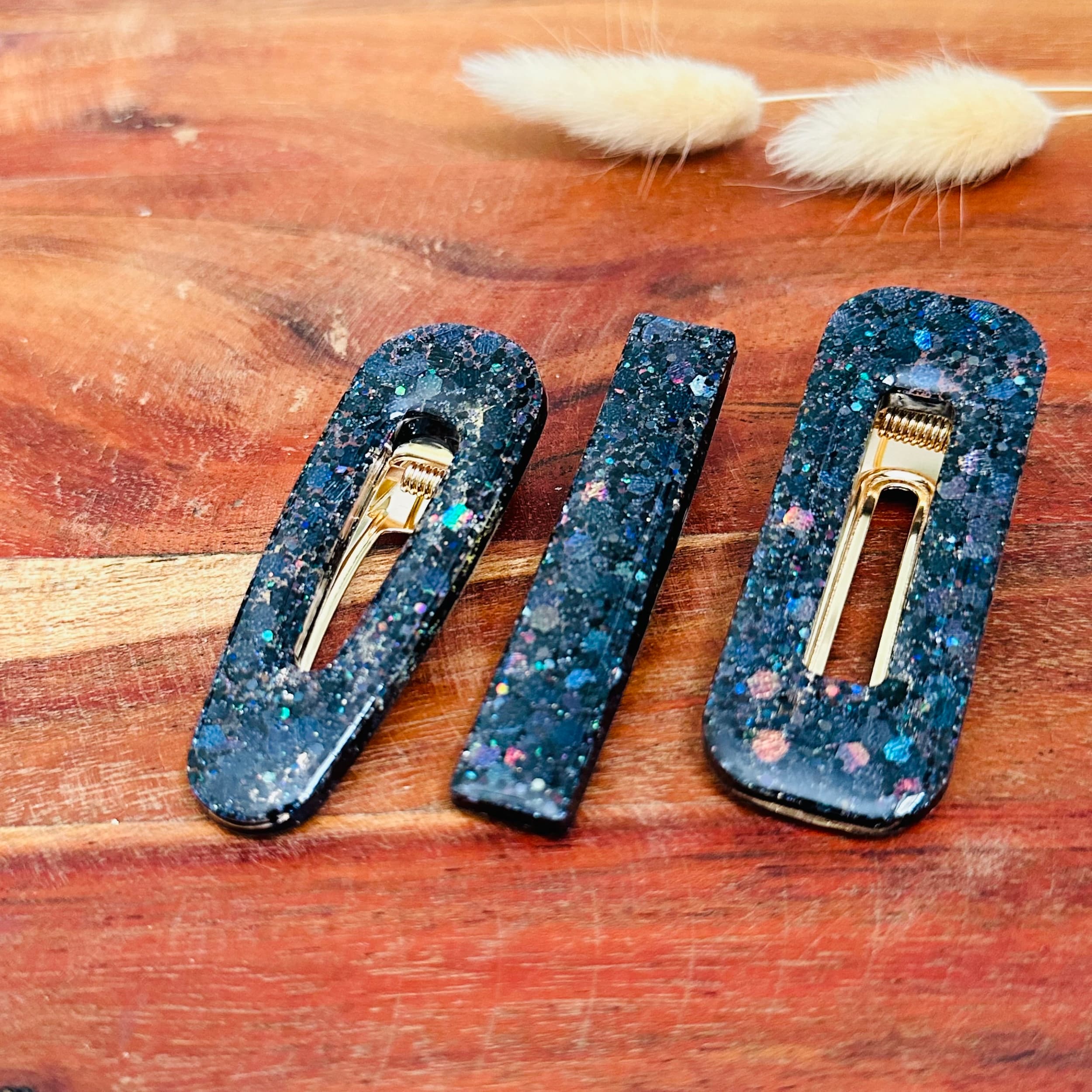 barrette résine paillette noir (black)