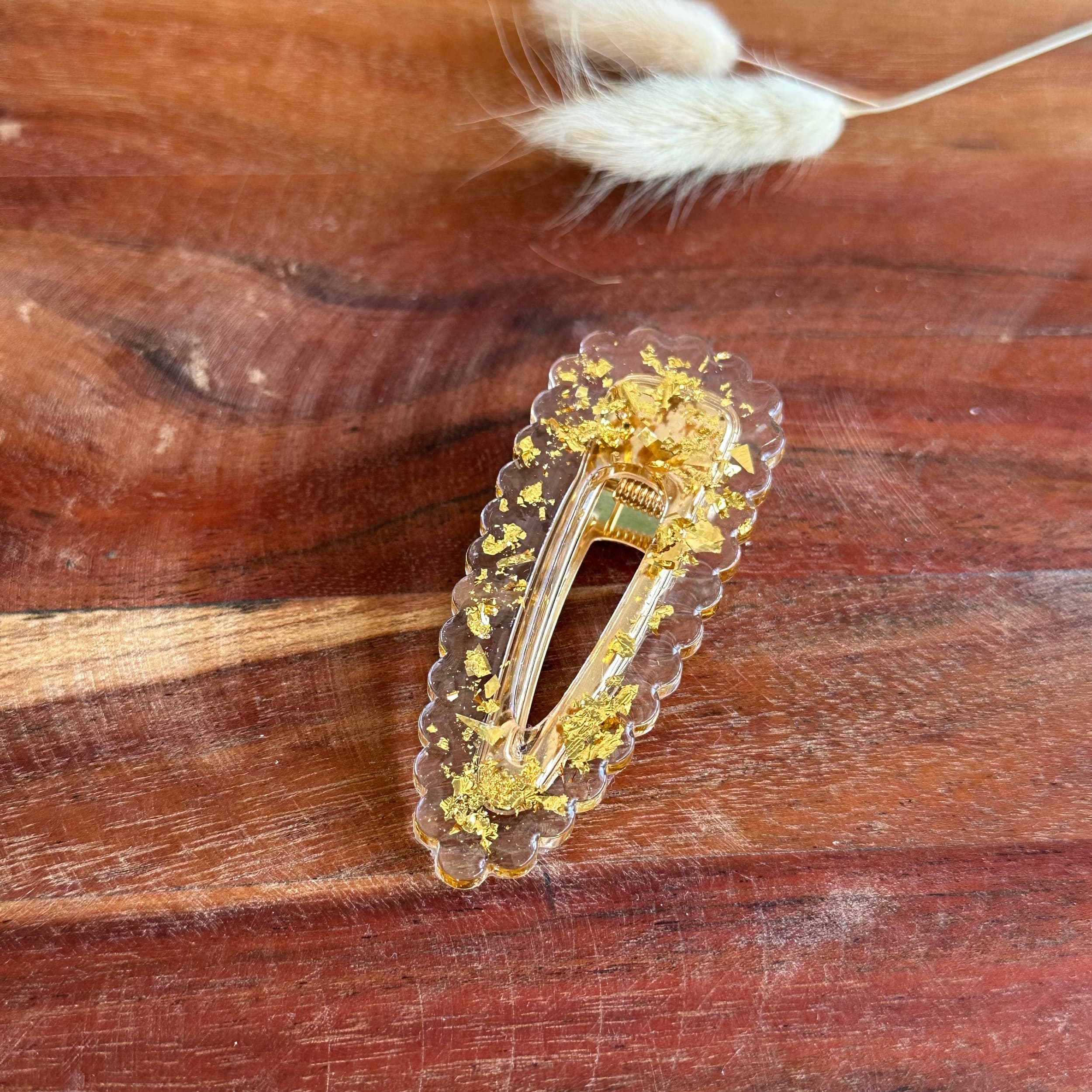 barrettes résine grand format feuille d'or 7,2 cm