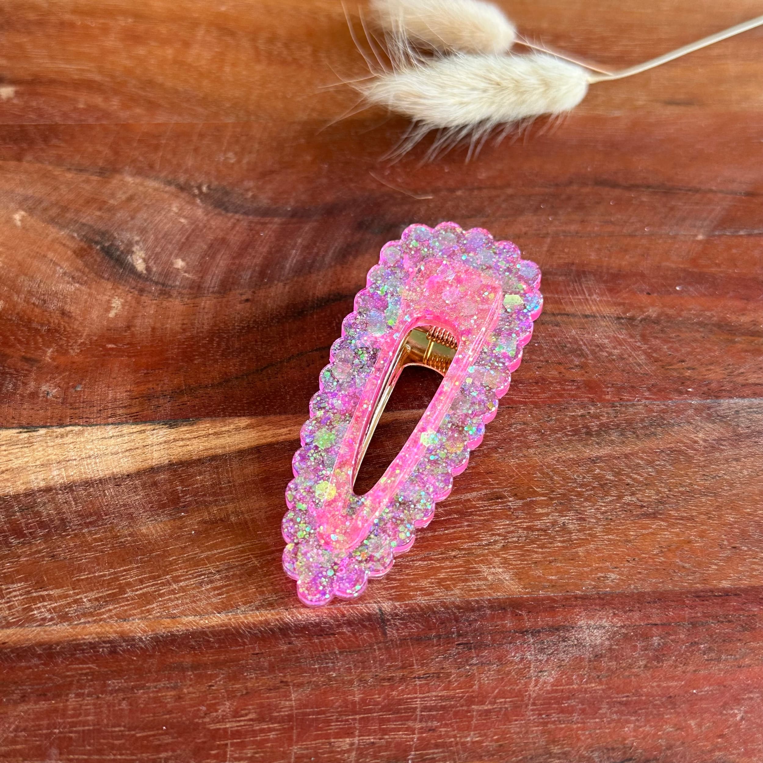 barrettes résine grand format rose paillette 7,2 cm