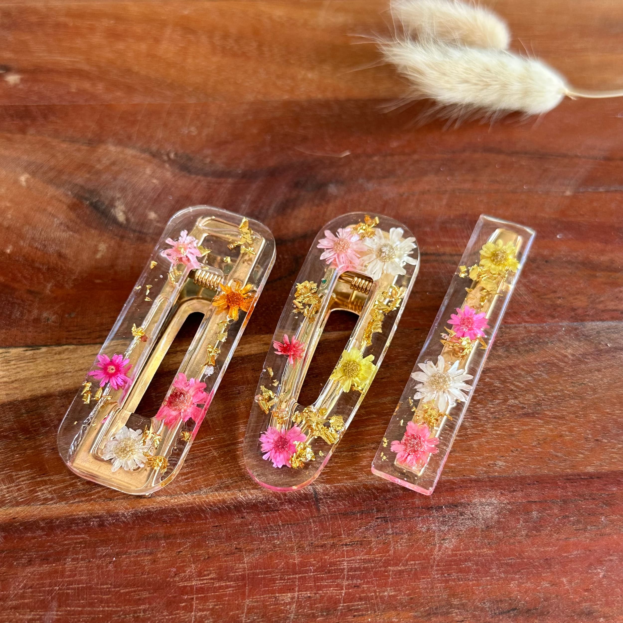 barrette résine feuille or et fleur