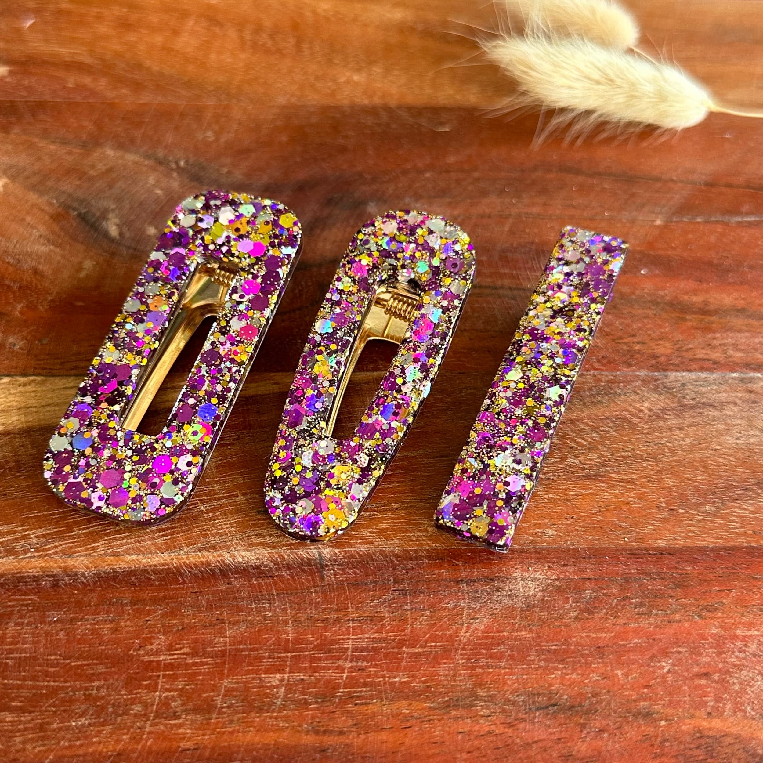 barrette résine mix paillette fushia et or