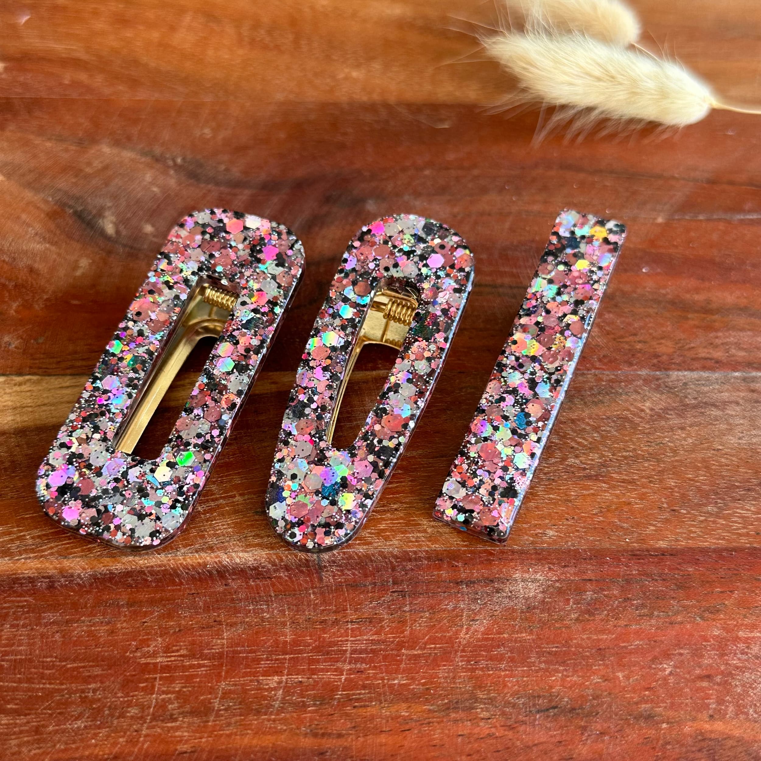barrette résine mix paillette rose et argent