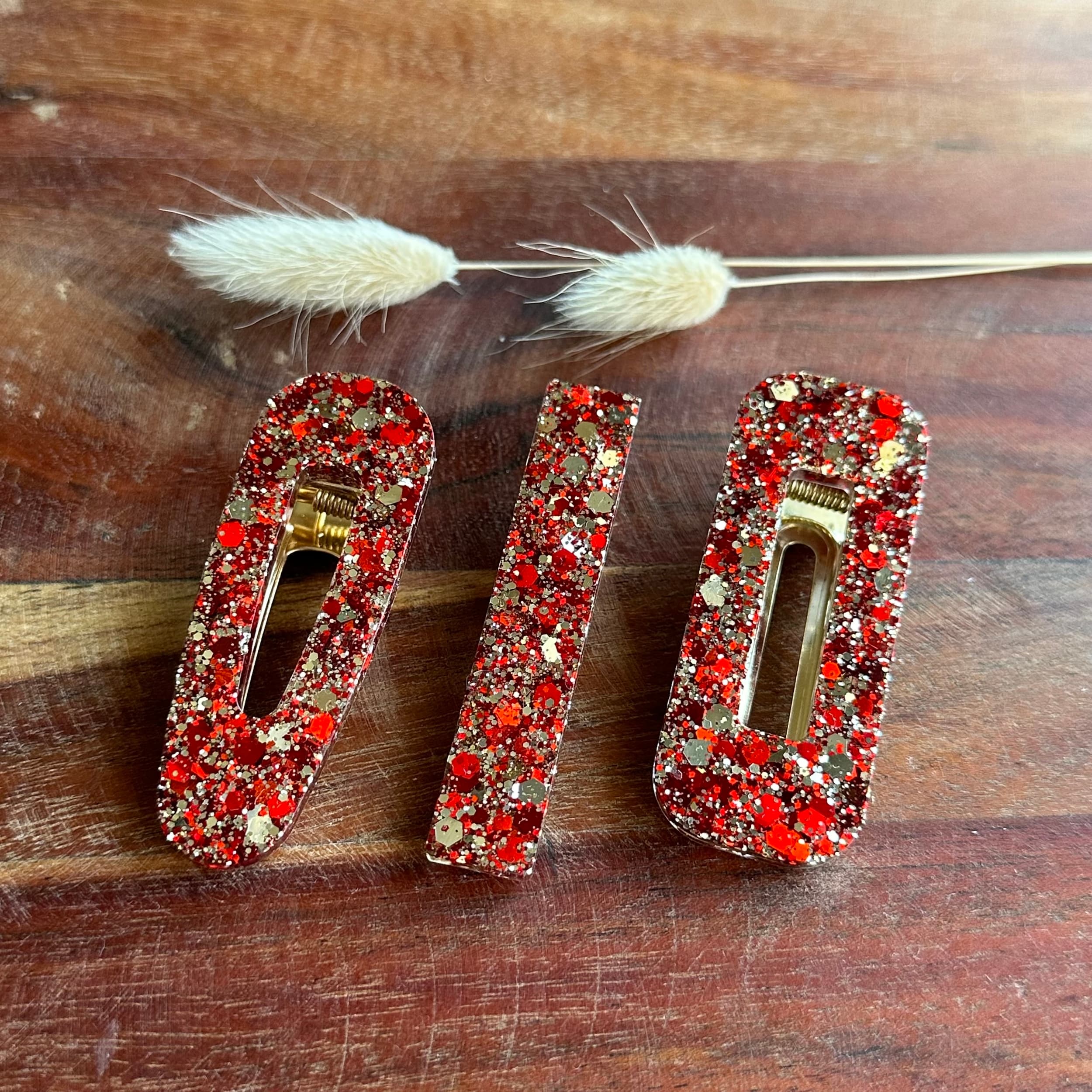 barrette résine paillette rouge et or