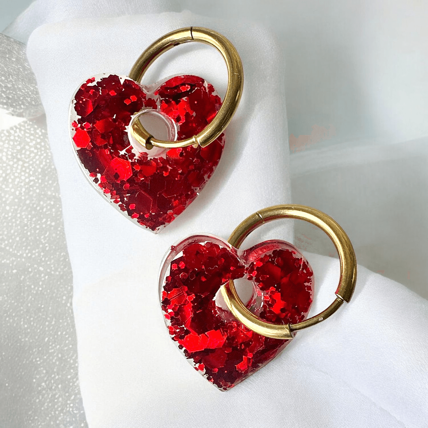 Boucles d'Oreilles Coeur Rouge Pailleté