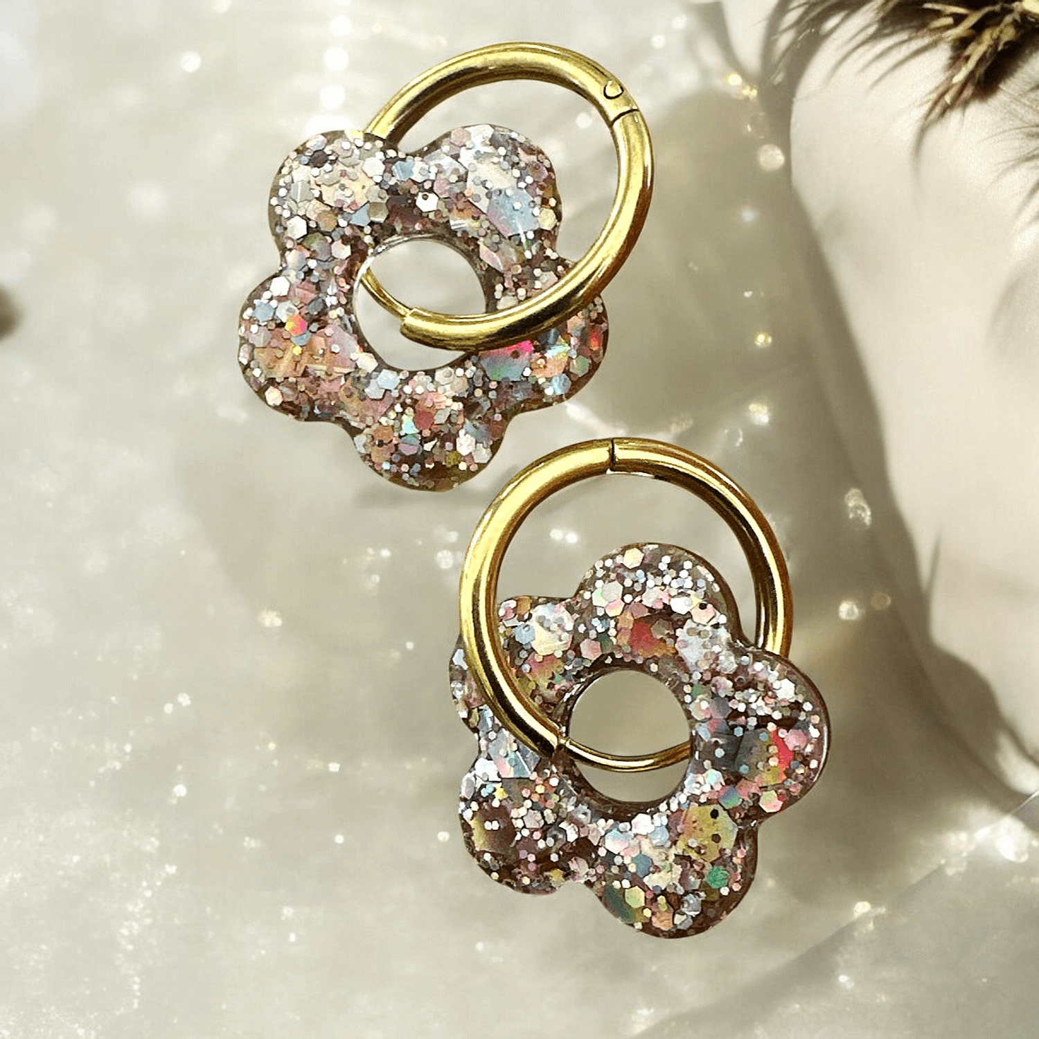 Boucles d'Oreilles Fleur Paillettes vieux rose