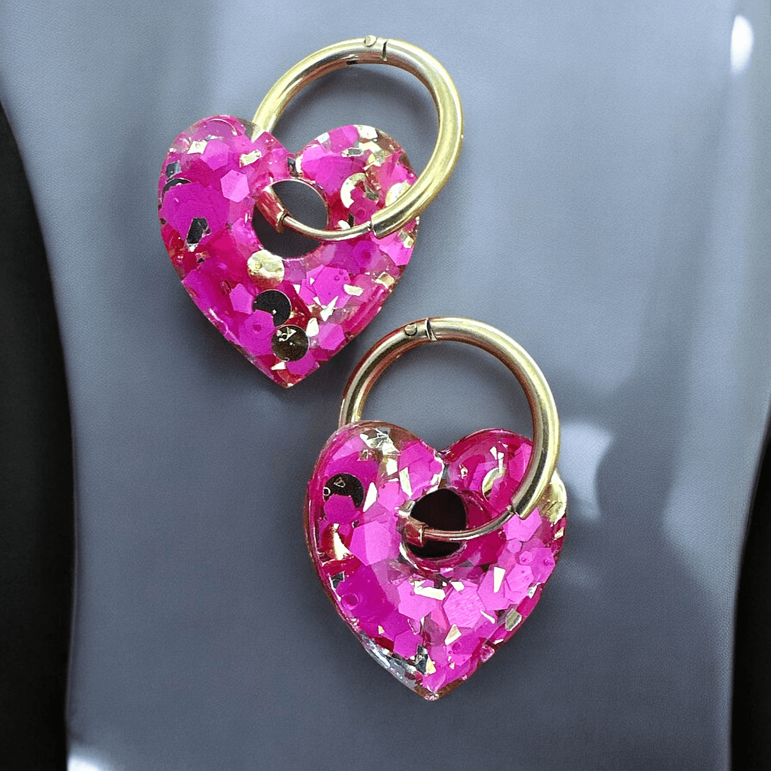 Boucles d'Oreilles Cœur Scintillant fushia et or