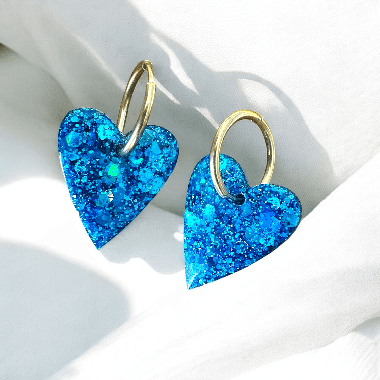 Boucles d'oreilles maxi Cœur Bleu turquoise Pailleté