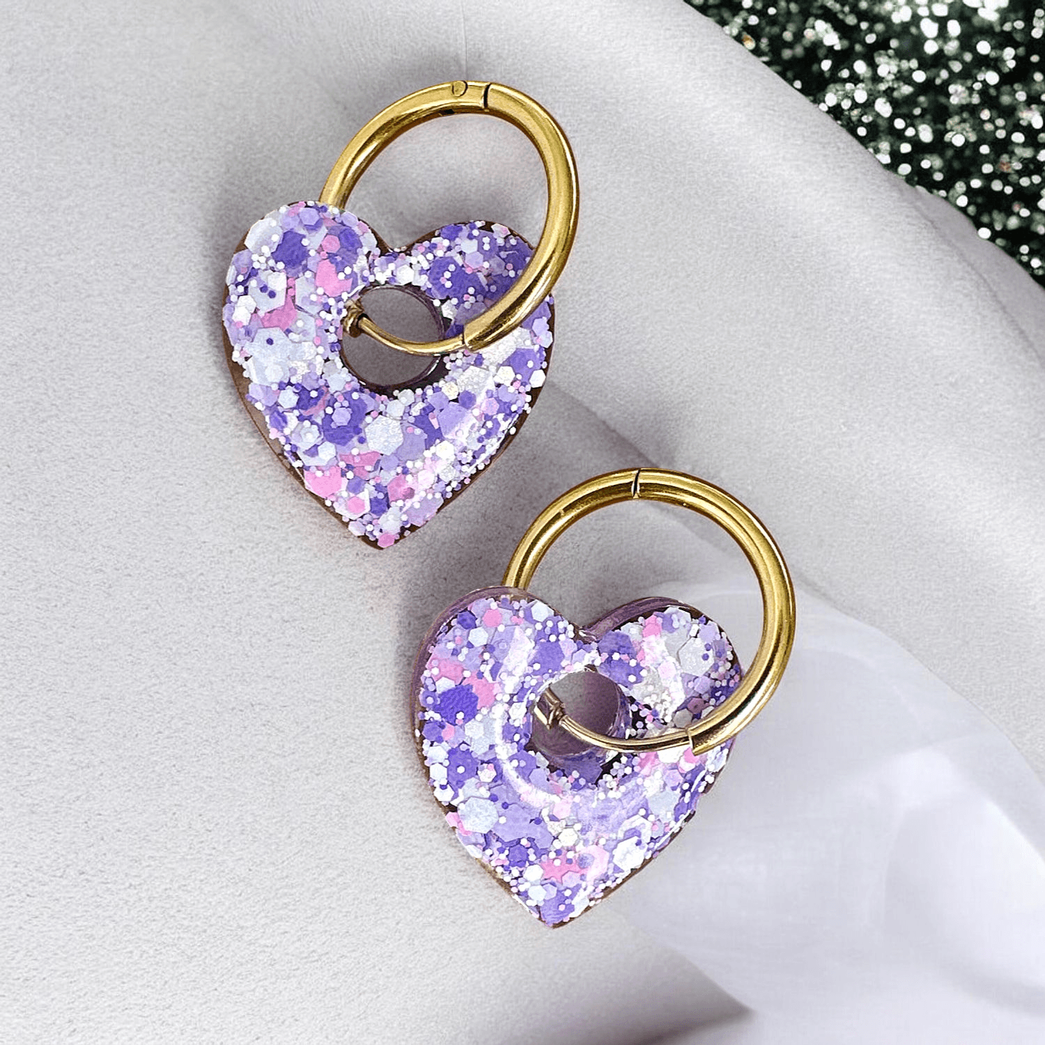 Boucles d'Oreilles Coeur Pailleté parme blanc et rose