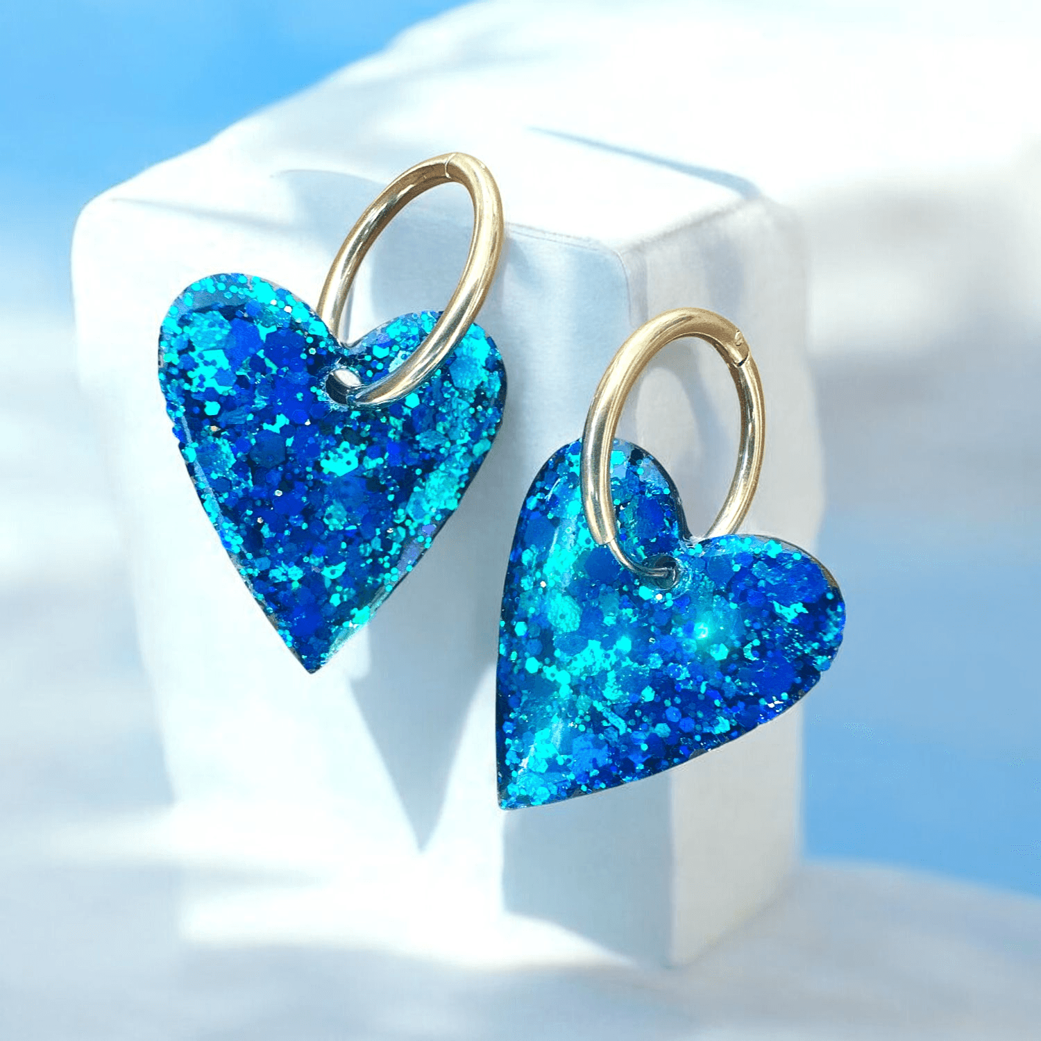 Boucles d'Oreilles maxi Coeur Scintillantes duo Bleues