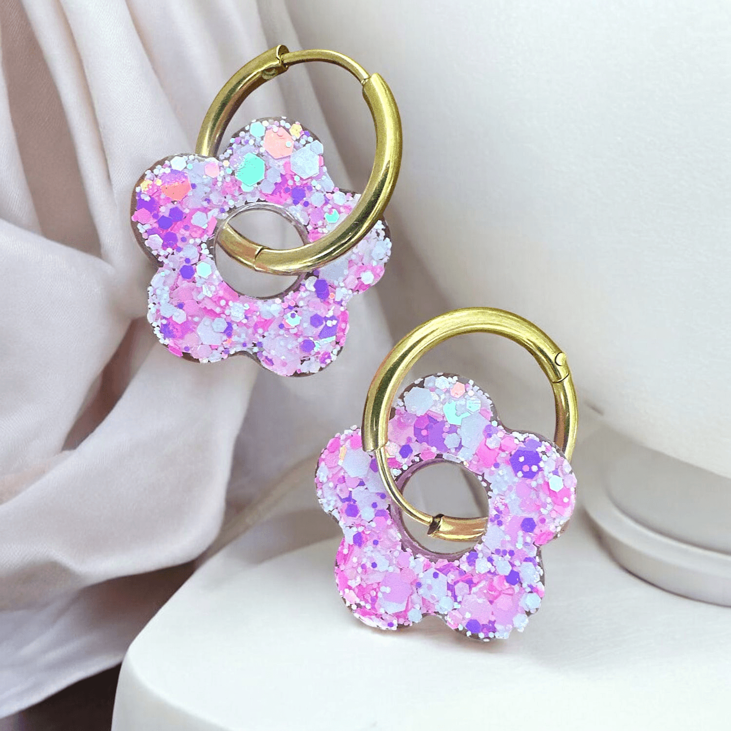 Boucles d'Oreilles Fleur rose Pailletée