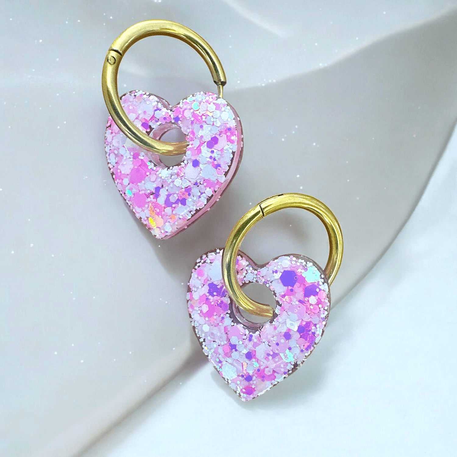 Créoles Cœur Pailleté Rose blanc et fushia