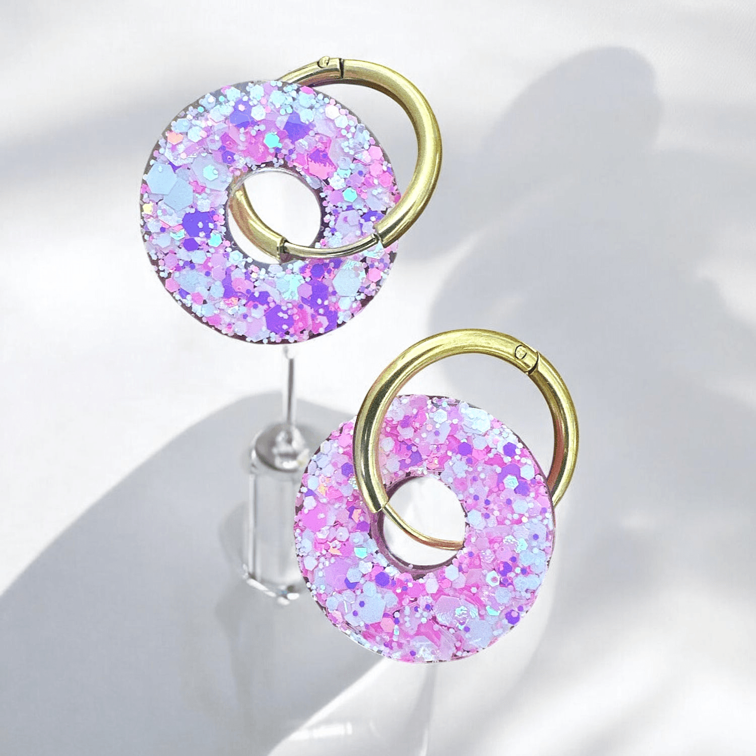 Boucles d'Oreilles Glitter cercle rose blanc fushia