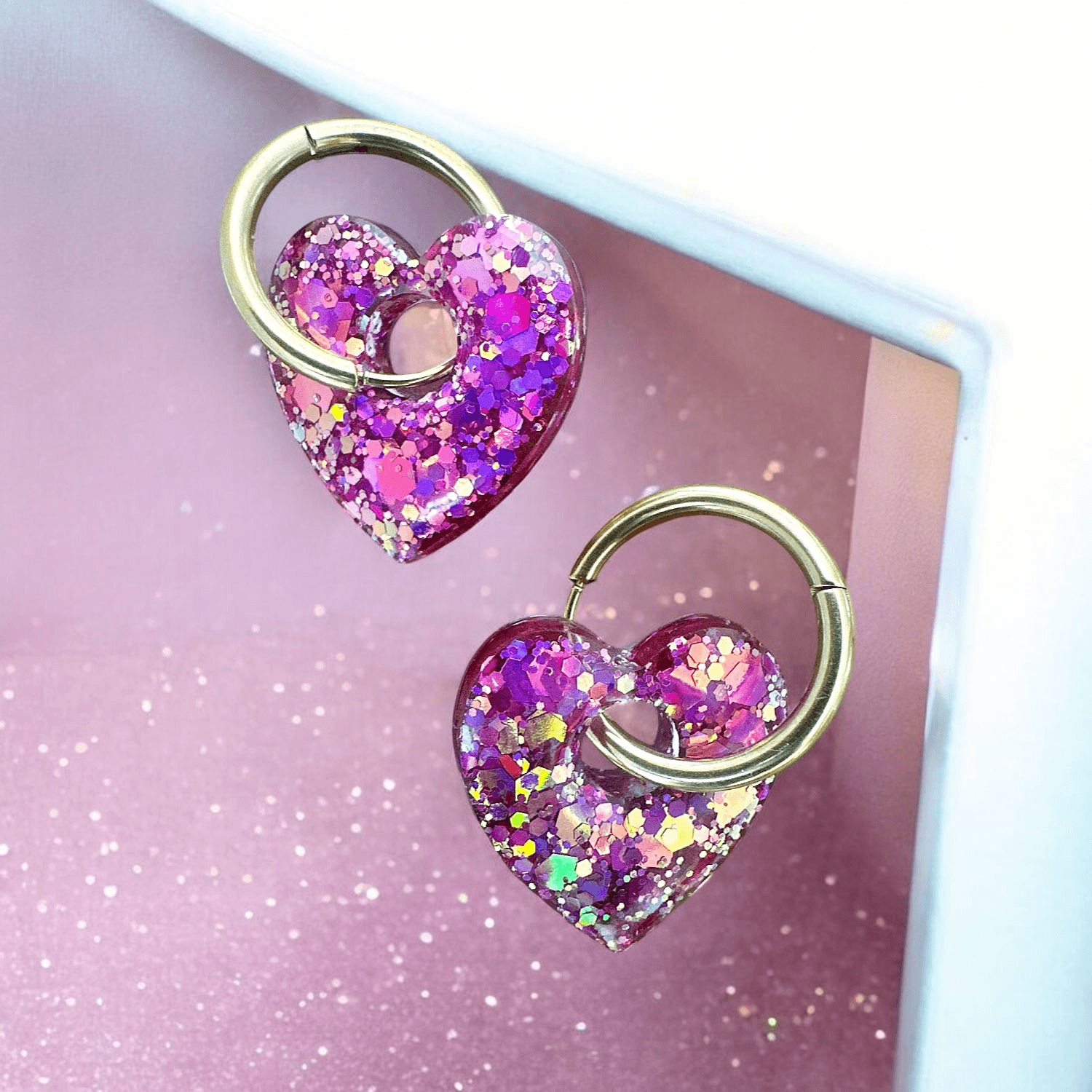 Boucles d'Oreilles Coeur Pailleté rose pourpre