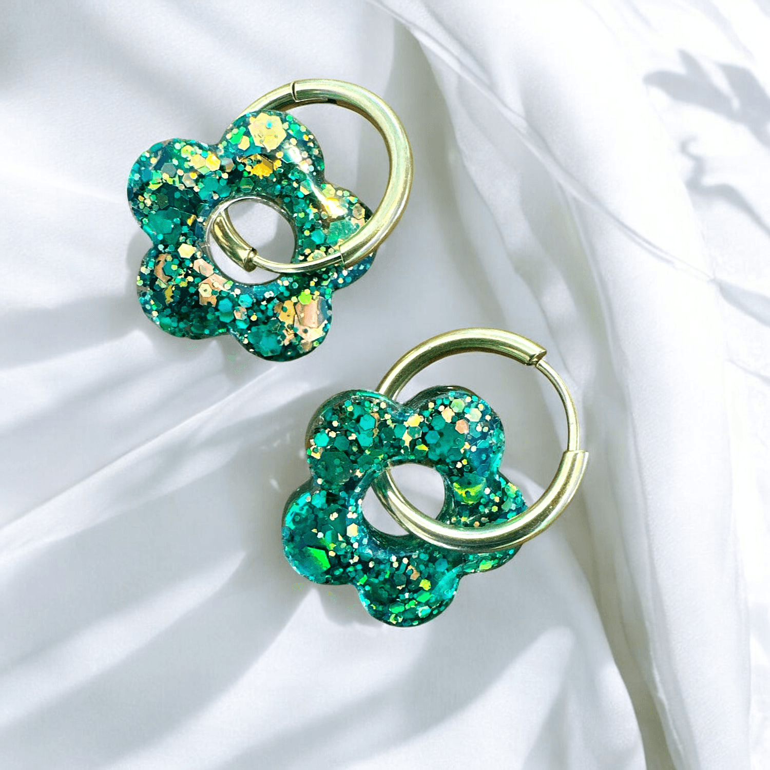 Boucles d'Oreilles  Pailletés Fleur verte cuivré