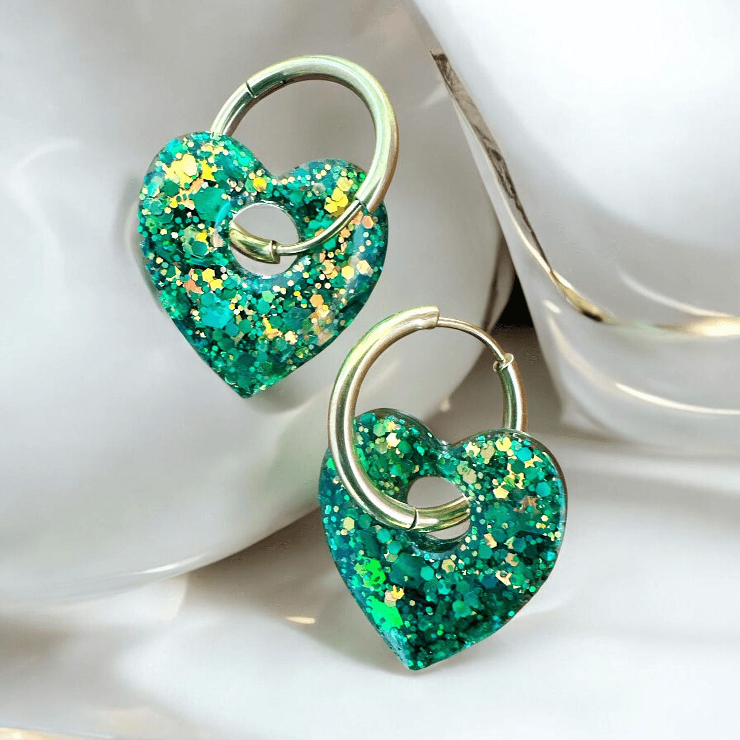 Boucles d'Oreilles Cœur Pailleté Vert Émeraude cuivré