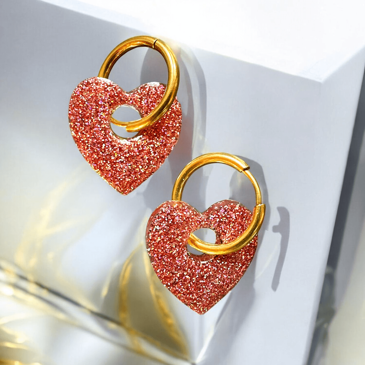 Boucles d'oreilles Cœur Paillette fine rose or