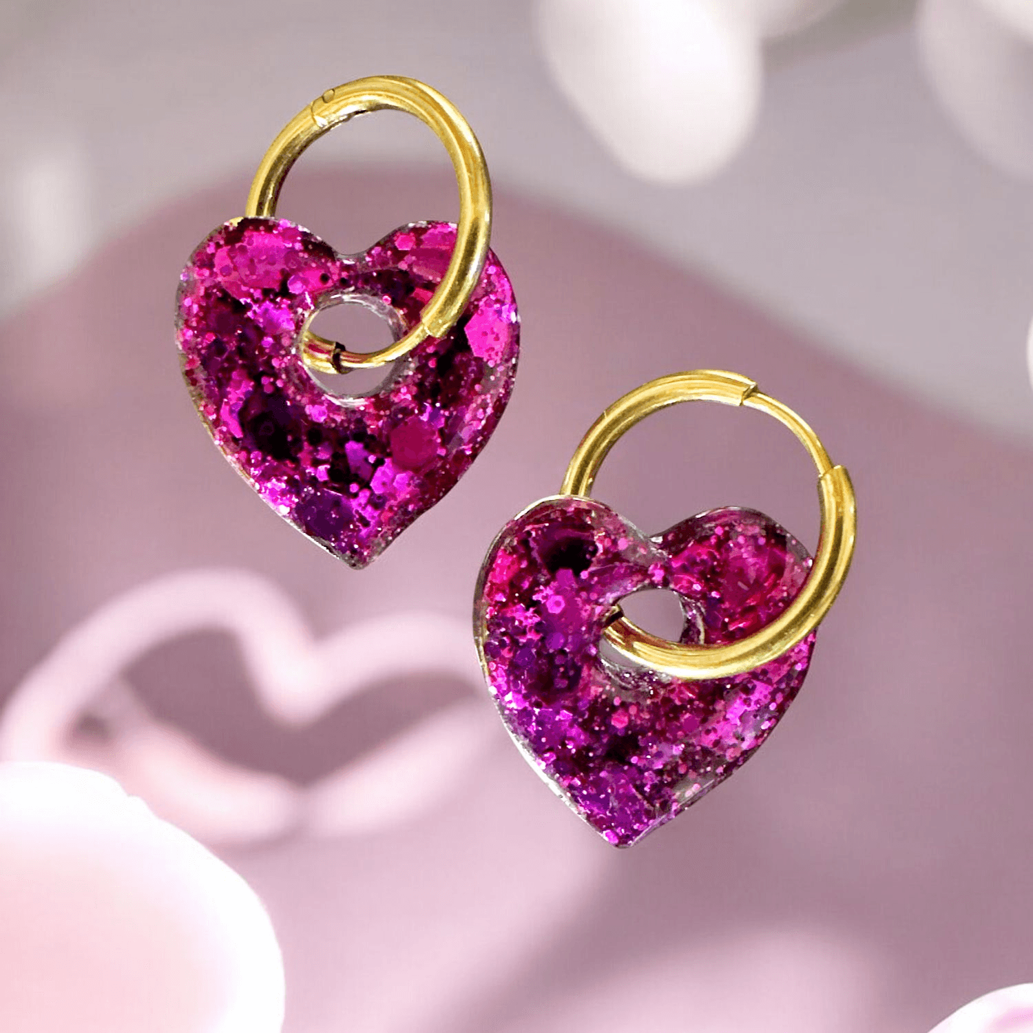 Boucles d'Oreilles Étincelante coeur paillette fushia