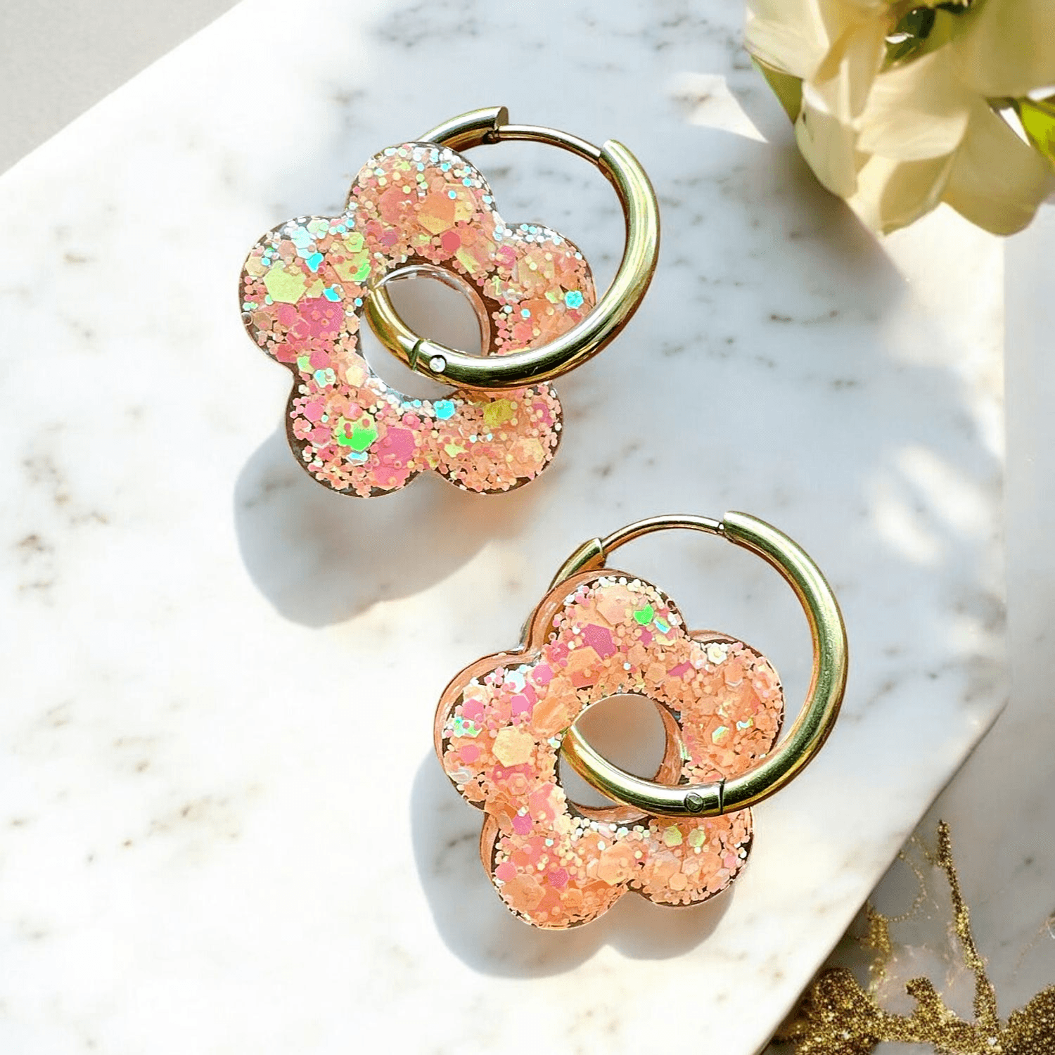 Boucles d'Oreilles Fleur Pailletée orange