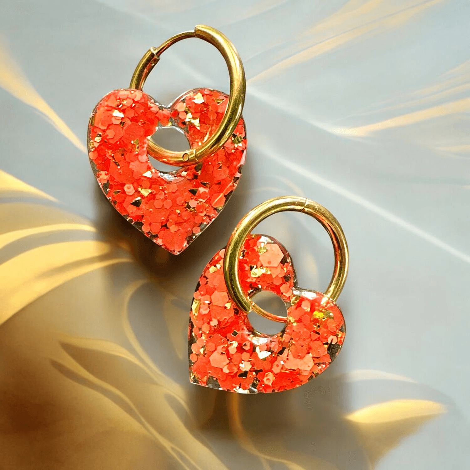 Boucles d'Oreilles Coeur Paillette orange et Or