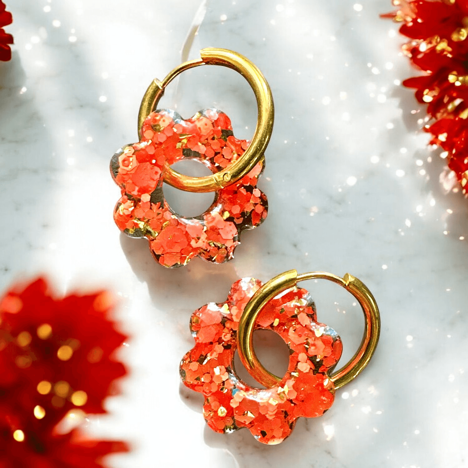 Boucles d'Oreilles soleil paillette orange et or