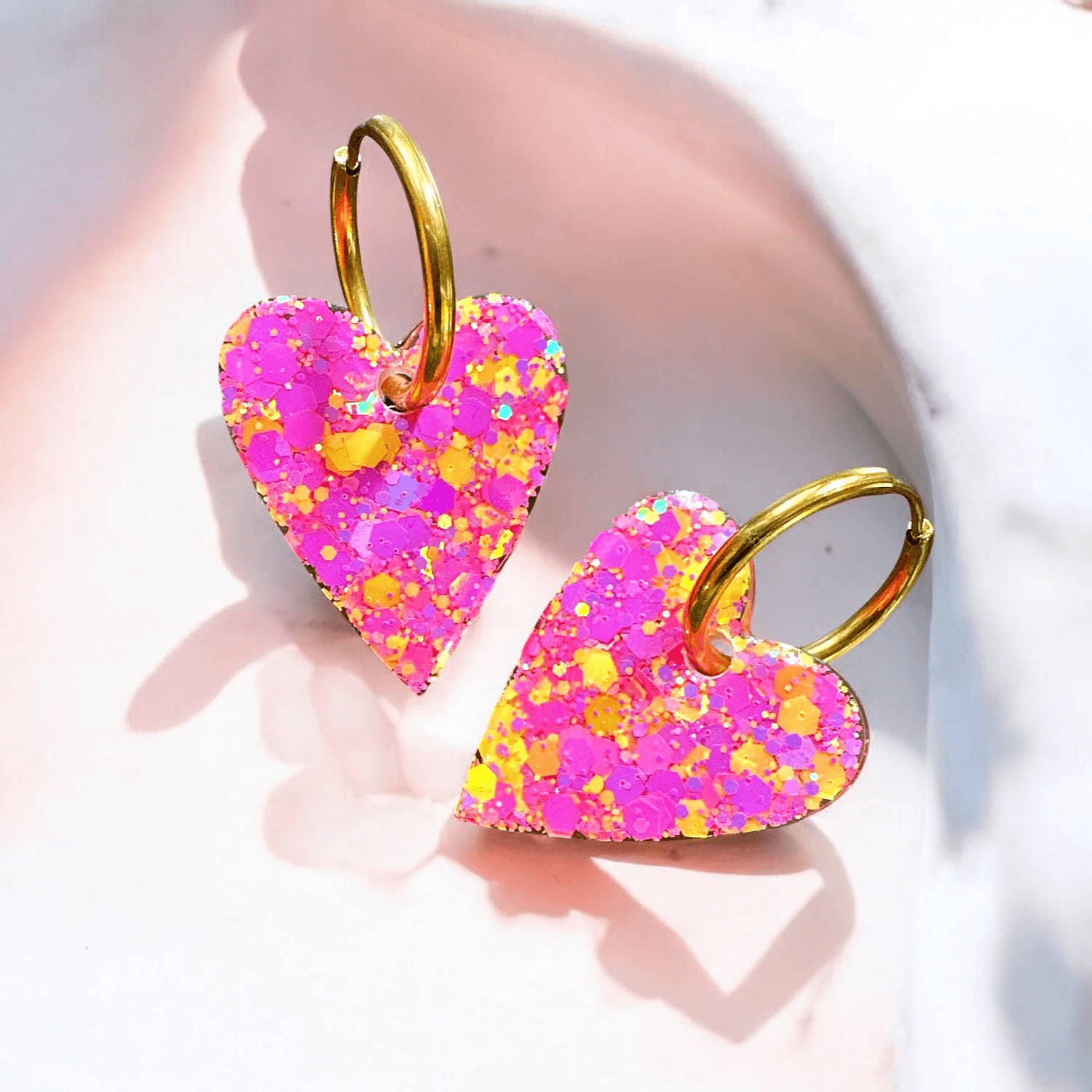 Boucles d'Oreilles maxi Cœur Paillette rose et jaune fluo